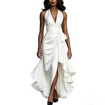 Women's Halter Neck Satin Maxi Dress, Wrap Front High Slit Evening Gown