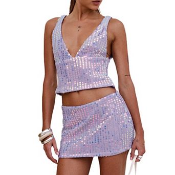 Women's Sequin 2 pc Outfit Crop Top Bodycon Mini Skirt Set Party Clubwear