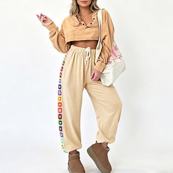 Womens Summer Casual Floral Crochet Side Stripe Joggers Relaxed Boho Long Sweatpants Loose Fit Pants