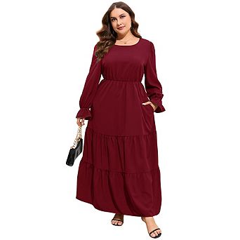 Plus Size Long Sleeve Tiered Maxi Dress, Round Neck Elastic Waist, with Pockets Casual Dress