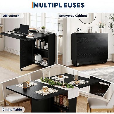 Folding Dining Table with Storage, Space Saving Kitchen Table with 6 Wheels
