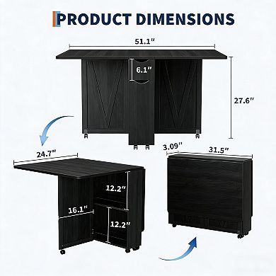 Folding Dining Table with Storage, Space Saving Kitchen Table with 6 Wheels