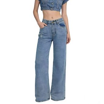 Women's Wash Wide Leg High Waist Jeans Straight Leg Summer Casual Denim Long Pants With Pocket