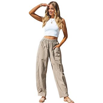 Women Summer Beach High Waisted Wide Leg Pants Cotton Linen Loose Casual Palazzo Lounge Trousers