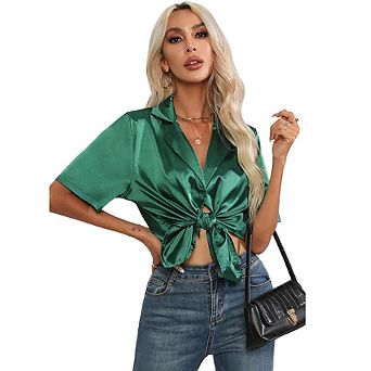Womens Satin Button Down Shirts Short Sleeve V Neck Loose Silk Tops Blouse Casual Dressy Outfits