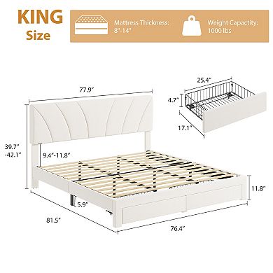 Velvet Platform Bed with 2 Storage Drawers Adjustable Headboard, No Box Spring Needed, Easy Assemb
