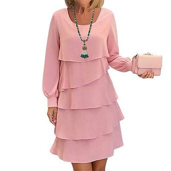 Women's Chiffon Dresses Long Sleeve Crewneck Layered Tiered Shift Midi Dress Party Wedding Outfits