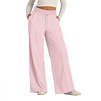 Women Wide Leg Middle Crease Sweatpants Casual High Waist Lounge Yoga Pants with Pockets