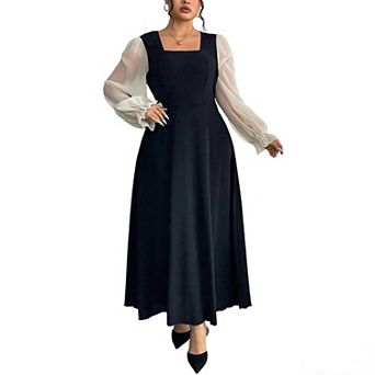 Plus Size Women's Square Neck Maxi Dress, Sheer Puff Long Sleeve A-Line Formal Dress