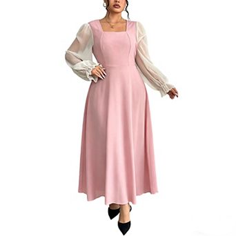 Plus Size Women's Square Neck Maxi Dress, Sheer Puff Long Sleeve A-Line Formal Dress