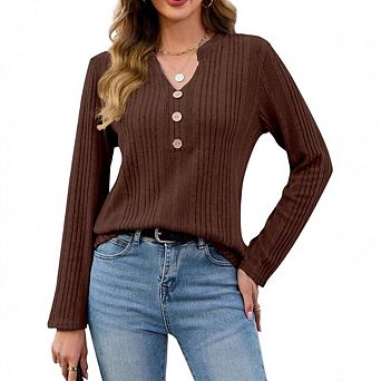 Women's Ribbed Knit V-Neck Long Sleeve Top Button Detail Casual Blouse