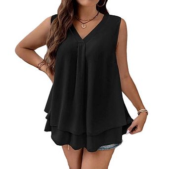 Women's Chiffon Blouse v Neck Sleeveless Double Layer Tank Tops Flowy Tunic Casual Shirts