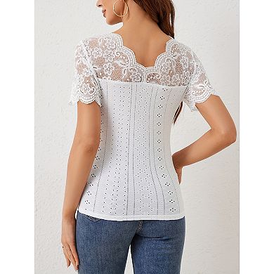 Summer Shirts for Women Patchwork Lace Tops V Neck Hollow Out Breathable Tees Top
