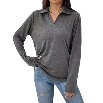 Women's Casual Collared Long Sleeve T-Shirt, Loose Fit V-Neck Top with Chest Pocket