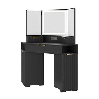 Corner Vanity Desk with Lighted Mirror, Fluted Storage Makeup Desk, Charging Station for Bedroom