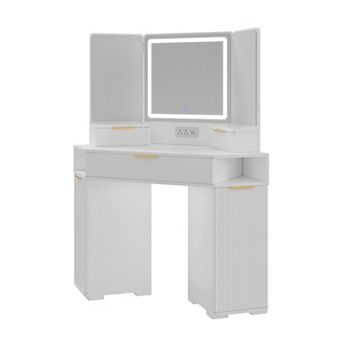 Corner Vanity Desk with Lighted Mirror, Fluted Storage Makeup Desk, Charging Station for Bedroom