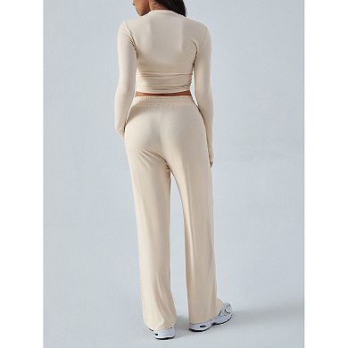 Women's 2 Piece Loungewear Set, Long Sleeve Crop Top & Drawstring Wide Leg Pants Outfit