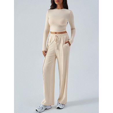 Women's 2 Piece Loungewear Set, Long Sleeve Crop Top & Drawstring Wide Leg Pants Outfit