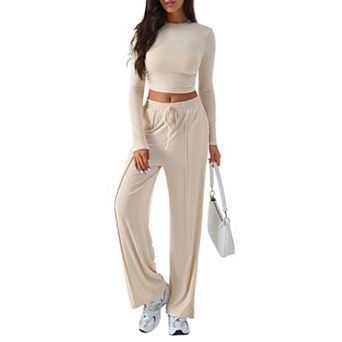 Women's 2 pc Loungewear Set, Long Sleeve Crop Top & Drawstring Wide Leg Pants Outfit