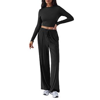 Women's 2 pc Loungewear Set, Long Sleeve Crop Top & Drawstring Wide Leg Pants Outfit