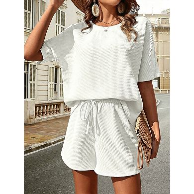 Women's Knit 2-Piece Outfit, Batwing Sleeve Top & Drawstring Shorts Set