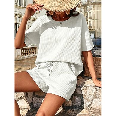 Women's Knit 2-Piece Outfit, Batwing Sleeve Top & Drawstring Shorts Set