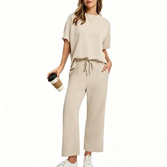Women's 2 pc Lounge Set Short Sleeve Tee & Drawstring Wide Leg Pants