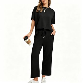 Women's 2 pc Lounge Set Short Sleeve Tee & Drawstring Wide Leg Pants