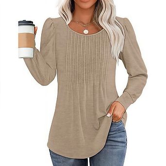 Womens Long Sleeve Shirts Casual Tunic Fashion Dressy Tops Pleated Crew Neck Puff Sleeve Blouses