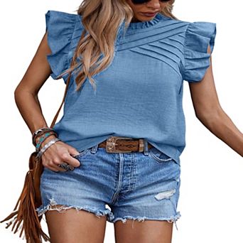 Womens Summer Tops Ruffle Cap Sleeve Blouse Crew Neck Pleated Casual T Shirts
