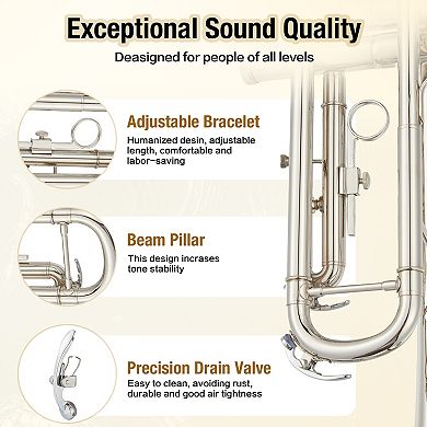 Bb Trumpet for Beginners, B-Flat Gold Nickel Plated Brass Trumpet with Hard Case