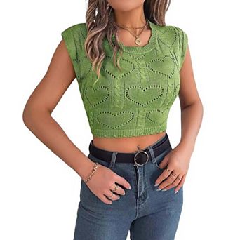 Womens Cropped Tank Top Knit Pullover Cap Sleeve Heart Hollow Out Sweater Blouse