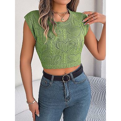 Womens Cropped Tank Top Knit Pullover Cap Sleeve Heart Hollow Out Sweater Blouse