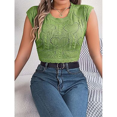 Womens Cropped Tank Top Knit Pullover Cap Sleeve Heart Hollow Out Sweater Blouse