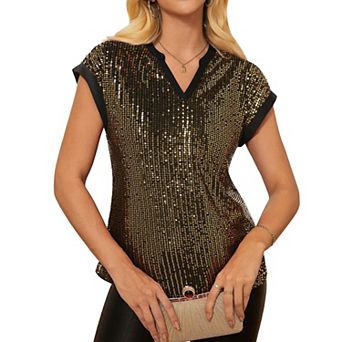 Womens Sequin Tops Cap Sleeve Sparkle Blouses V Neck Loose Summer Glitter Party Shirt Tank Top