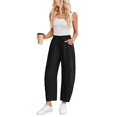 Women's Barrel Leg Drawstring Elastic Waisted Casual Palazzo Sweatpant with Pockets