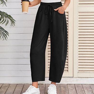 Women's Barrel Leg Drawstring Elastic Waisted Casual Palazzo Sweatpant with Pockets