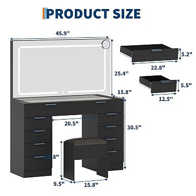 Vanity Desk with Large Lighted Mirror 10 Drawers, Power Outlet, Stool & 3 Color Lights for Bedroom