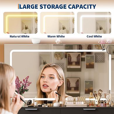 Vanity Desk with Large Lighted Mirror 10 Drawers, Power Outlet, Stool & 3 Color Lights for Bedroom