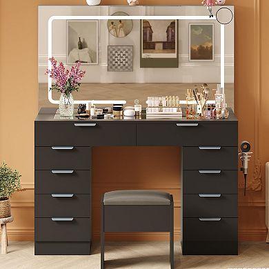 Vanity Desk with Large Lighted Mirror 10 Drawers, Power Outlet, Stool & 3 Color Lights for Bedroom