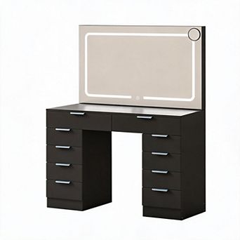 Vanity Desk with Large Lighted Mirror 10 Drawers, Power Outlet, Stool & 3 Color Lights for Bedroom