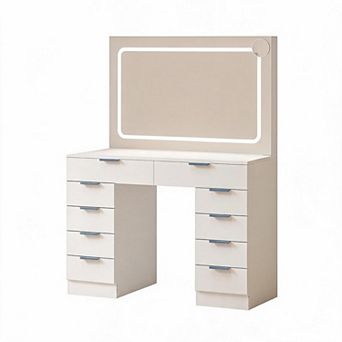 Vanity Desk with Large Lighted Mirror 10 Drawers, Power Outlet, Stool & 3 Color Lights for Bedroom