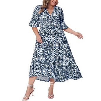 Plus Size Women's V-Neck Smocked Waist Midi Dress, Ruffle Sleeve Tiered Casual Summer Dress