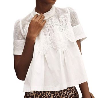 Womens Elegant Lace Blouse Flared Swing Babydoll Tops Crewneck Short Sleeve Embroidered Mesh Shirts
