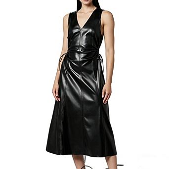 Women's Faux Leather V-Neck Midi Dress, Sleeveless Side Tie Waist A-Line Party Dress