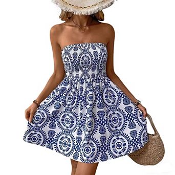 Women's Strapless Tube Top Mini Dress, Smocked Waist Flowy Summer Sundress