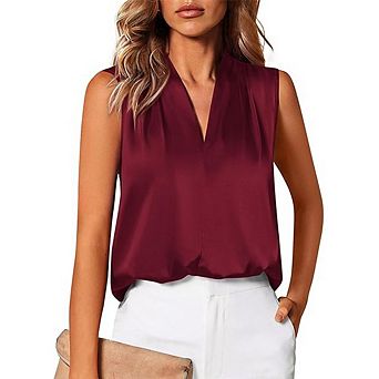 Women's Sleeveless Satin Blouse Cowl Neck Casual V Neck Tank Top