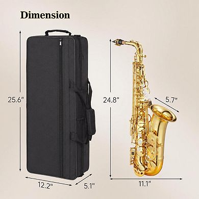 Alto Saxophone for Beginners, E-Flat Full Kit with Carrying Case, Strap & Cleaning Brush