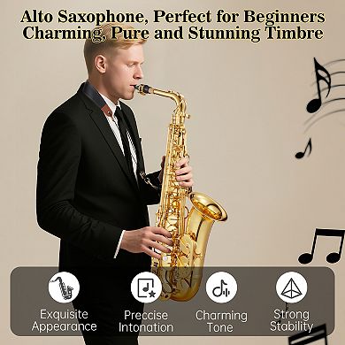 Alto Saxophone for Beginners, E-Flat Full Kit with Carrying Case, Strap & Cleaning Brush