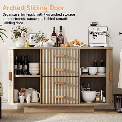 Functional Buffet Sideboard Cabinet, Accent Storage Console with Drawers & Arched Sliding Doors